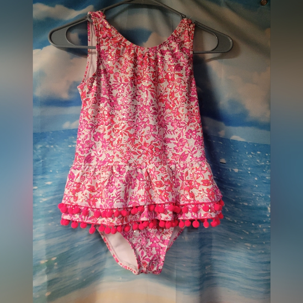 Nicole Miller Girls Size 10 Pink Swimsuit W Peplum & Fringe Balls‎